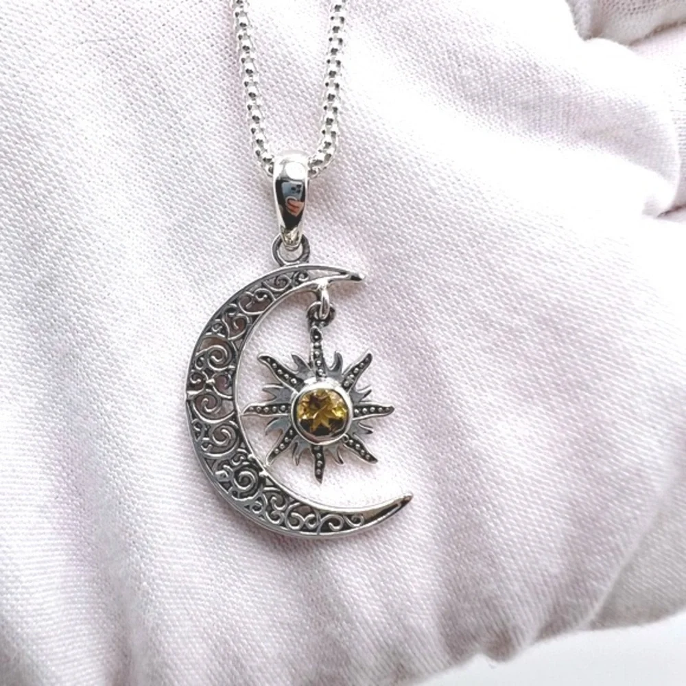 Genuine Citrine .925 Sterling Silver Moon Necklace - Picture 7 of 17